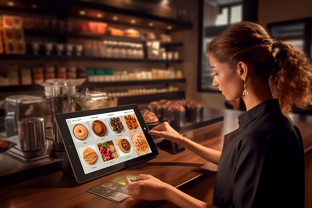 Imagem de uma empreendedora utilizando um sistema de gestão por IA em seu tablet.