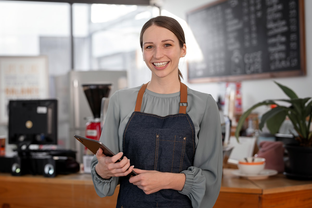 Imagem de uma jovem empreendedora em um café, sorrindo com um tablet nas mãos.